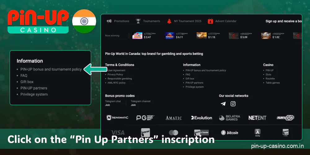 Find the “Pin Up Partners” label on the Pin Up Casino page