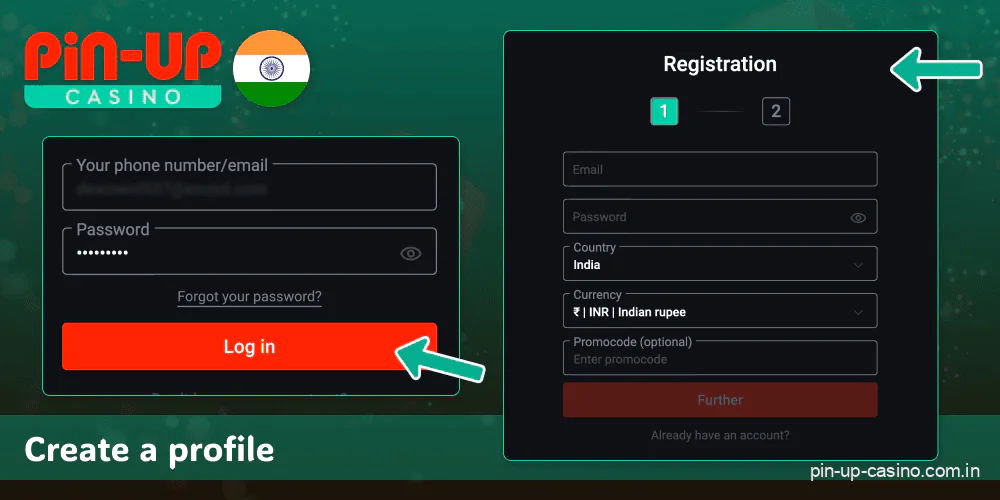 Log in or create an account at Pin Up in India
