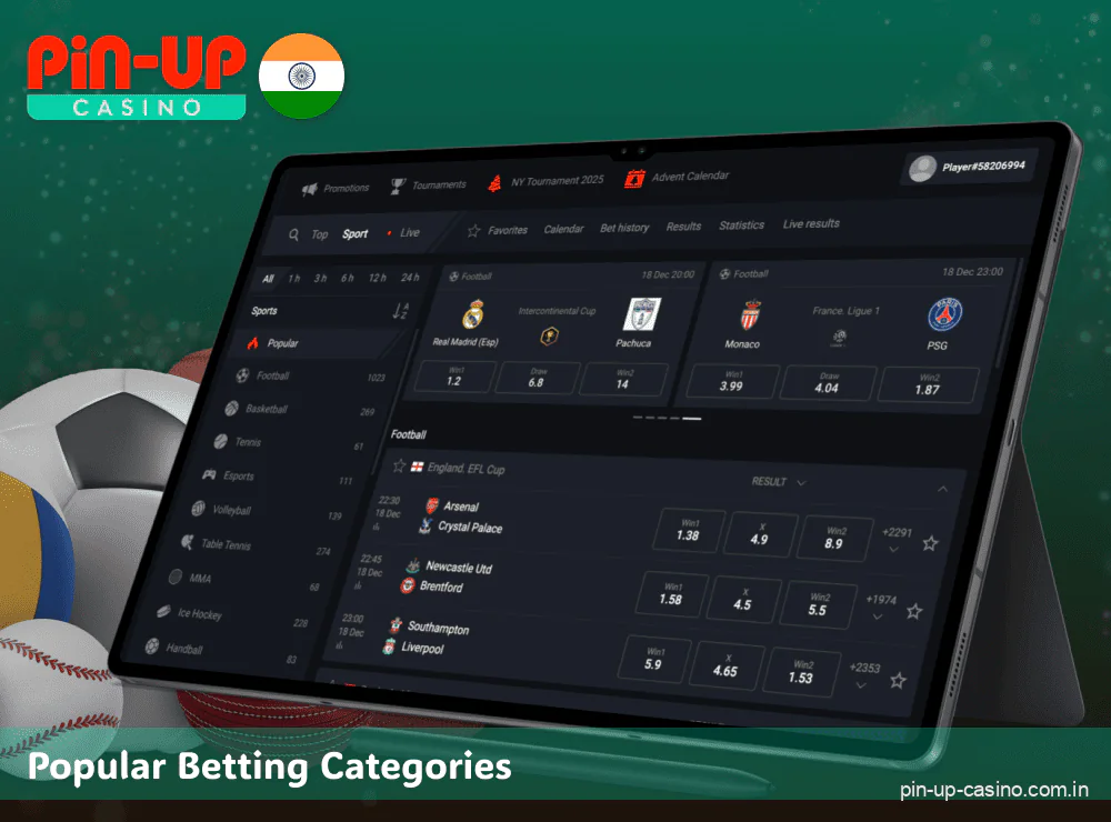 Popular sports betting categories on the Pin Up website in India