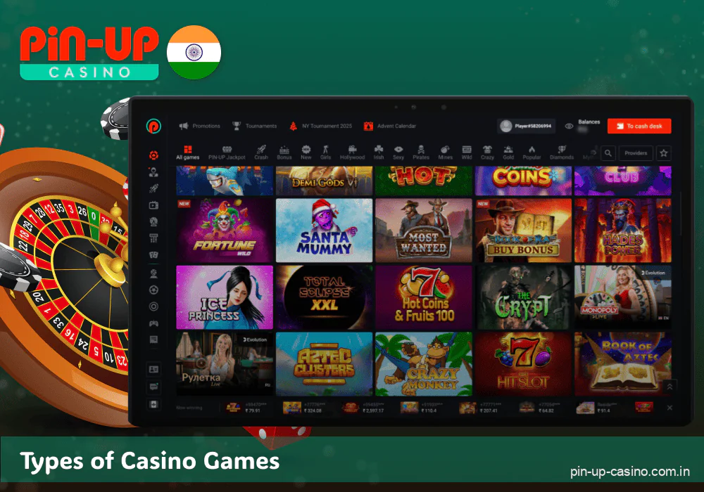 The casino gaming collection at Pin Up's Indian casino site