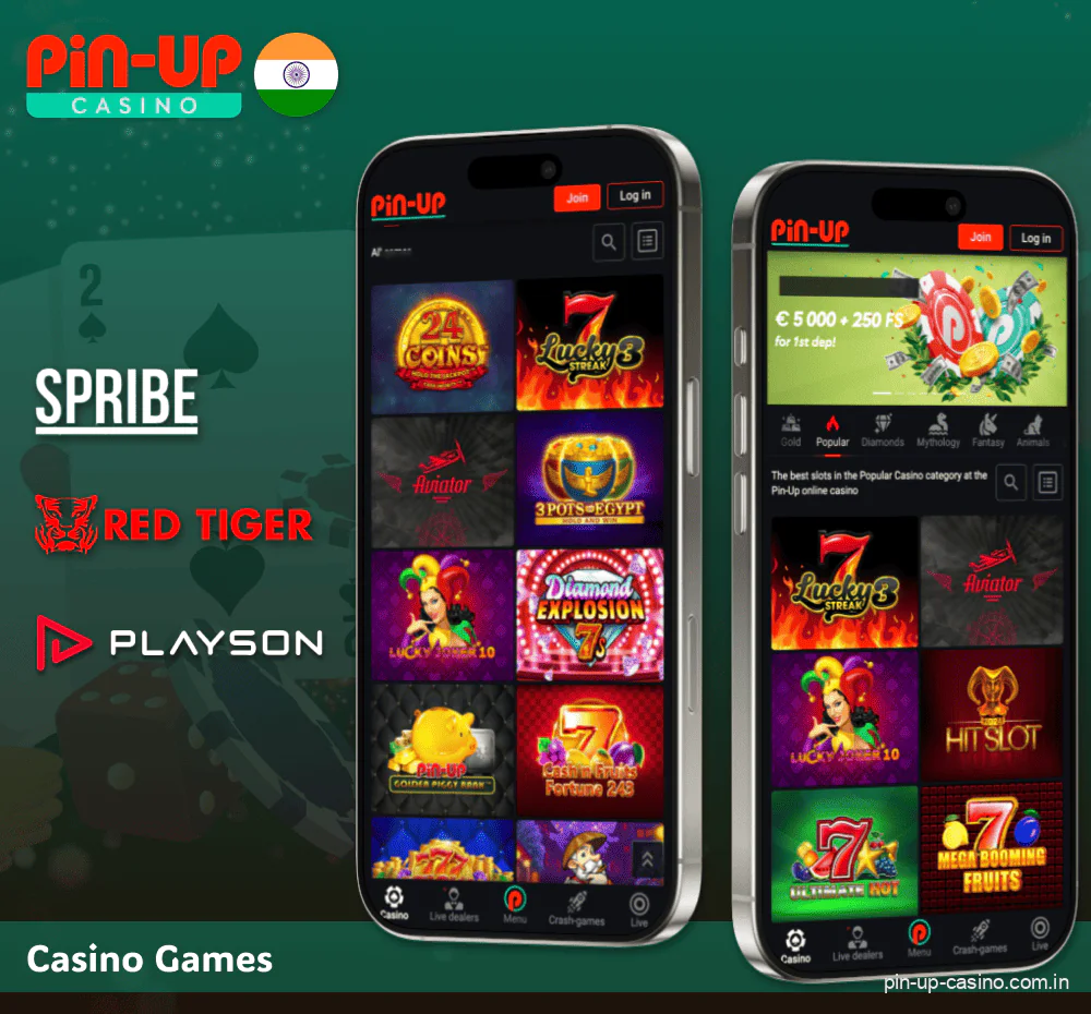 Games and popular casino providers in the Pin Up app in India