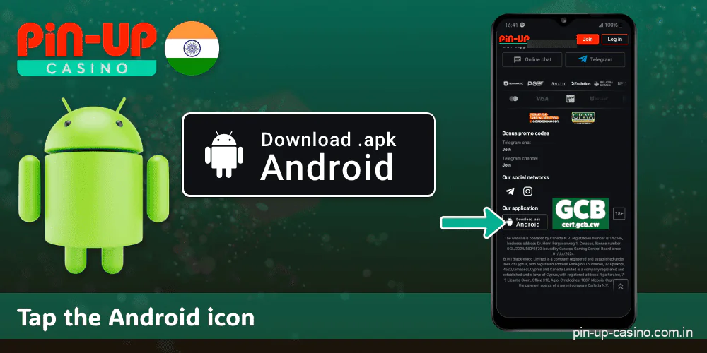 Find the Android icon at the bottom of the Pin Up Casino page