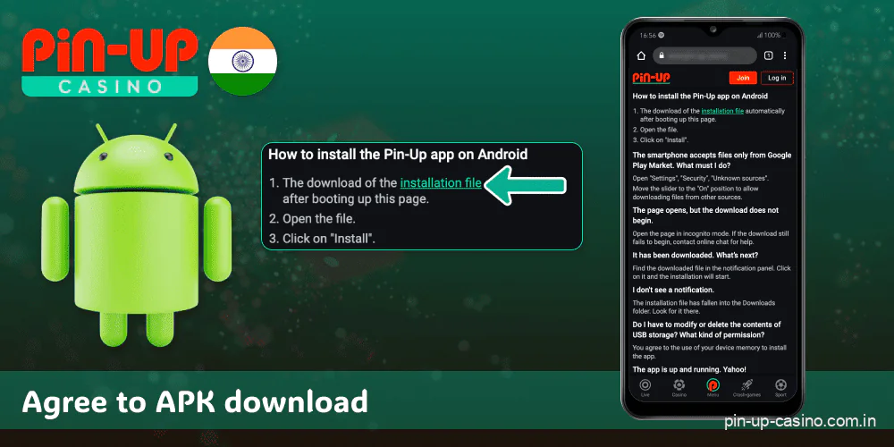 Wait for the file download to install the Pin Up app