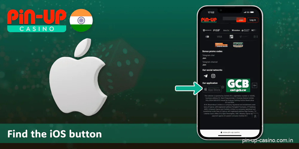 Find the iOS icon at the bottom of the Pin Up Casino page