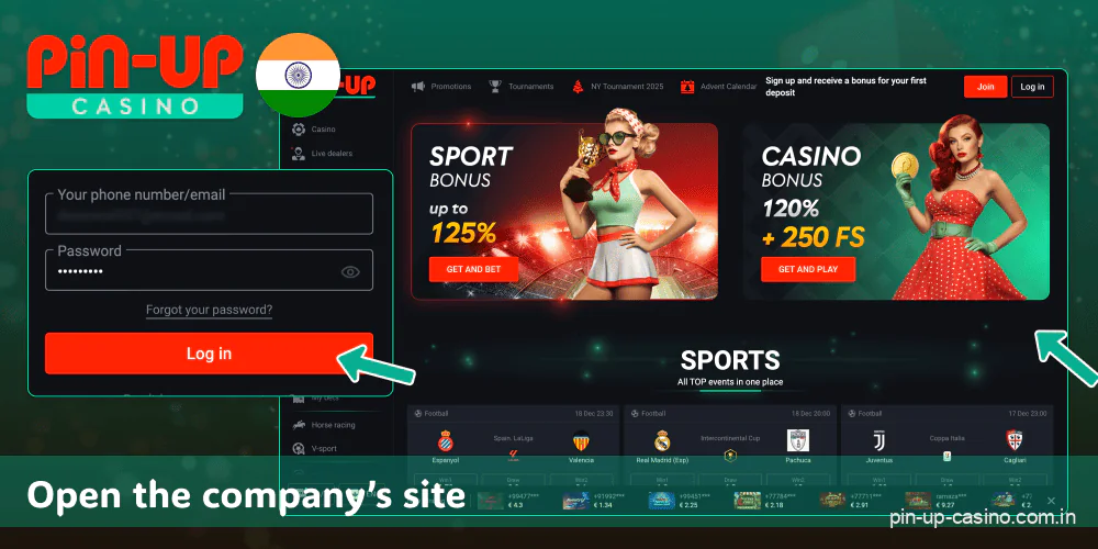 Open the Pin Up India casino website