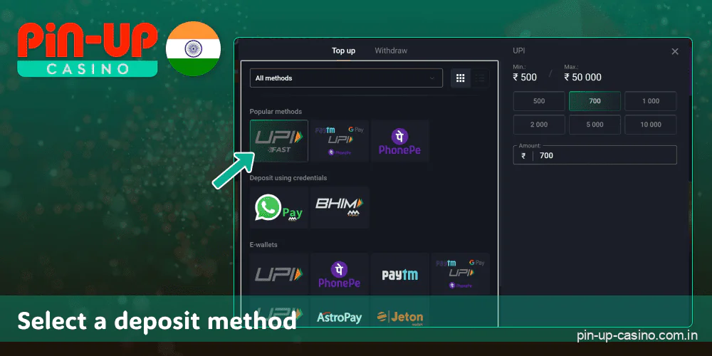 Select a deposit method on the Pin Up website