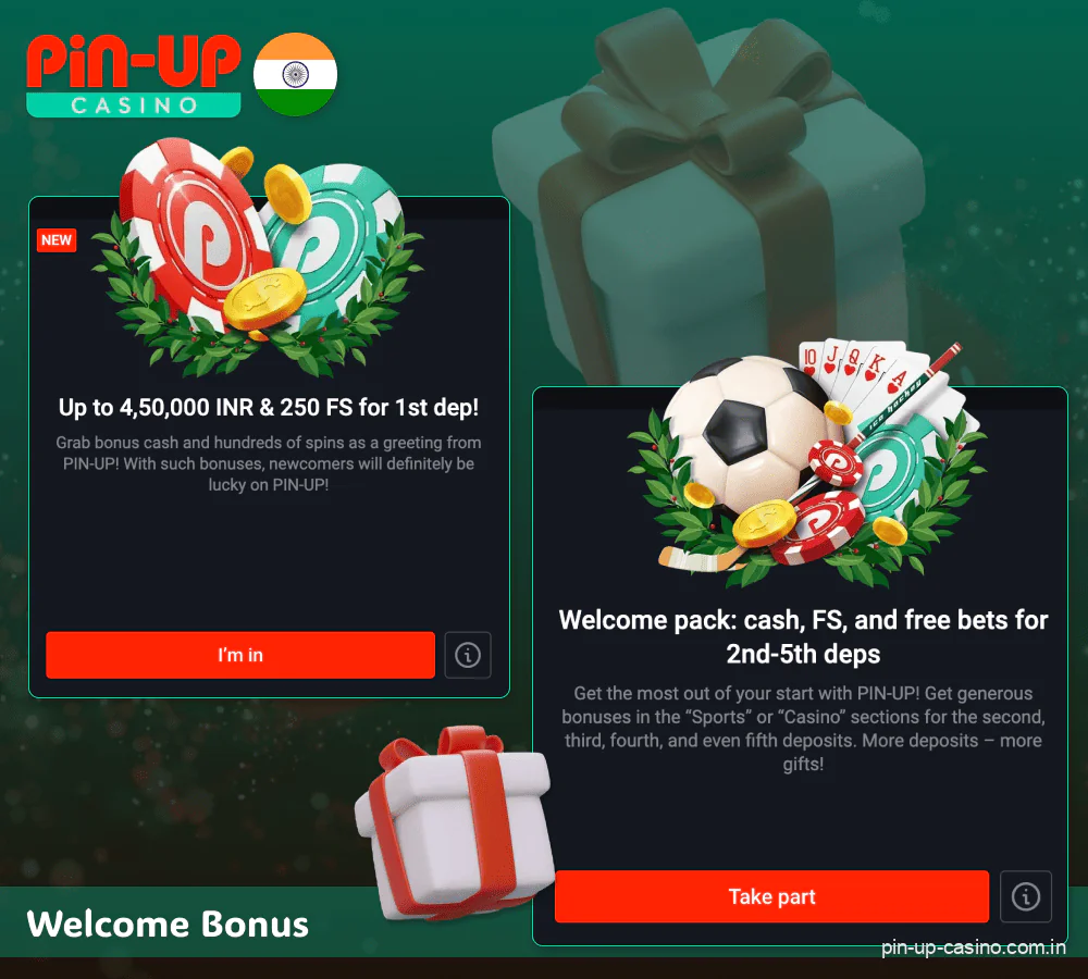 Welcome bonus options when registering at Pin Up in India